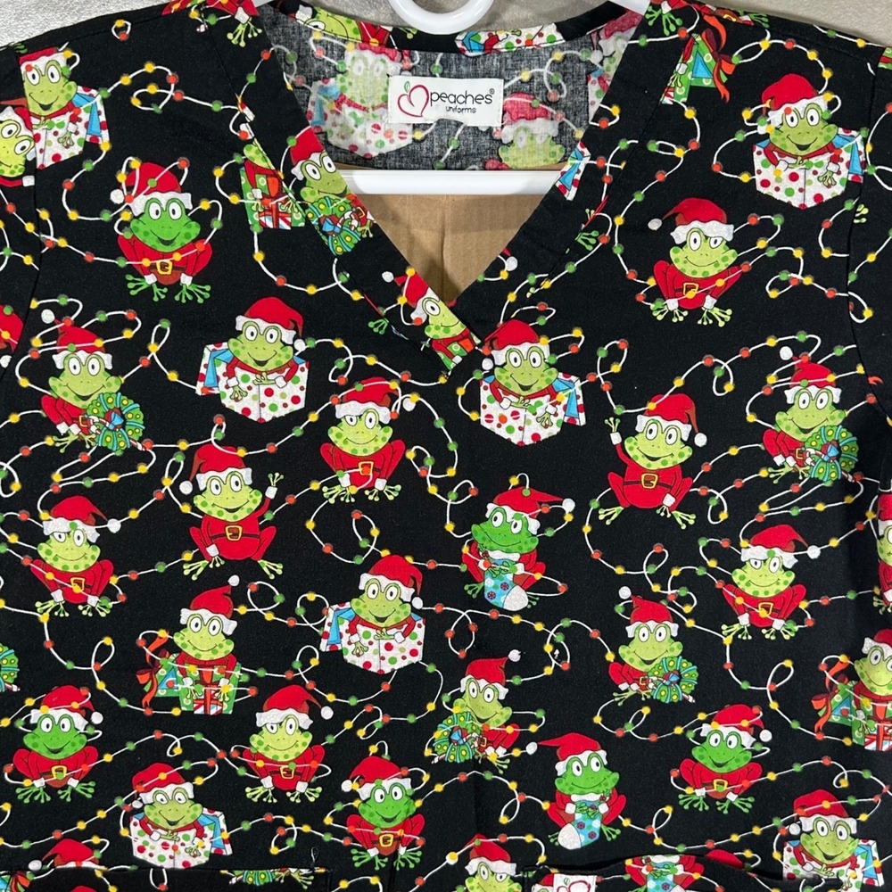 Peaches Uniforms Christmas Frog Santa Holiday Scrub Top V-Neck Black Large